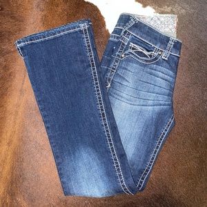 "Ariat Real Denim" bootcut jeans, darker wash.